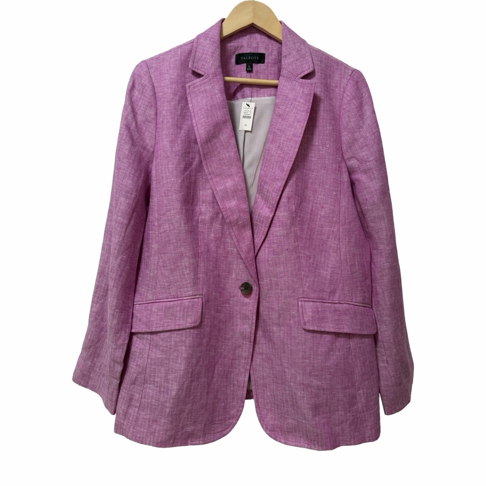 Talbots Classic Linen Single Breasted Blazer Size 14 Pink Academia Preppy Office